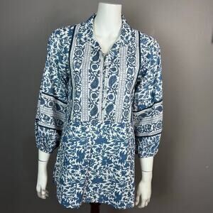 Sue Sartor Peasant‎ Shirt Size S luxury cotton Block Print Floral India beachy